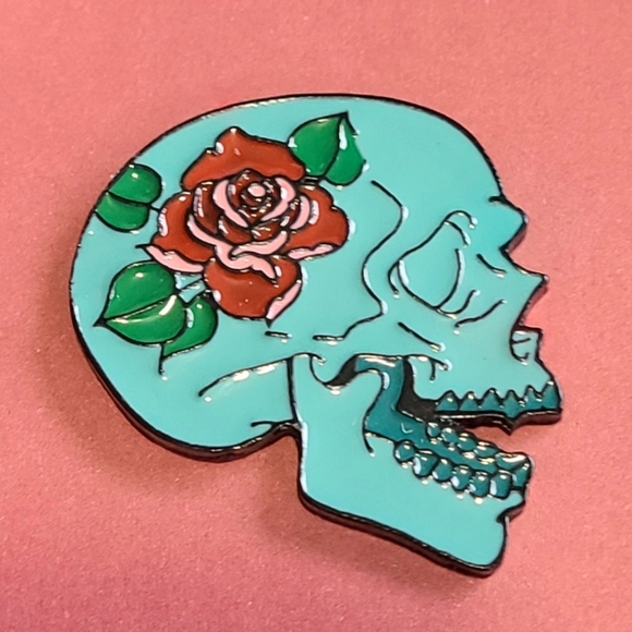 Floral Skull Enamel Pin - Teal and Red - Picture 2 of 3